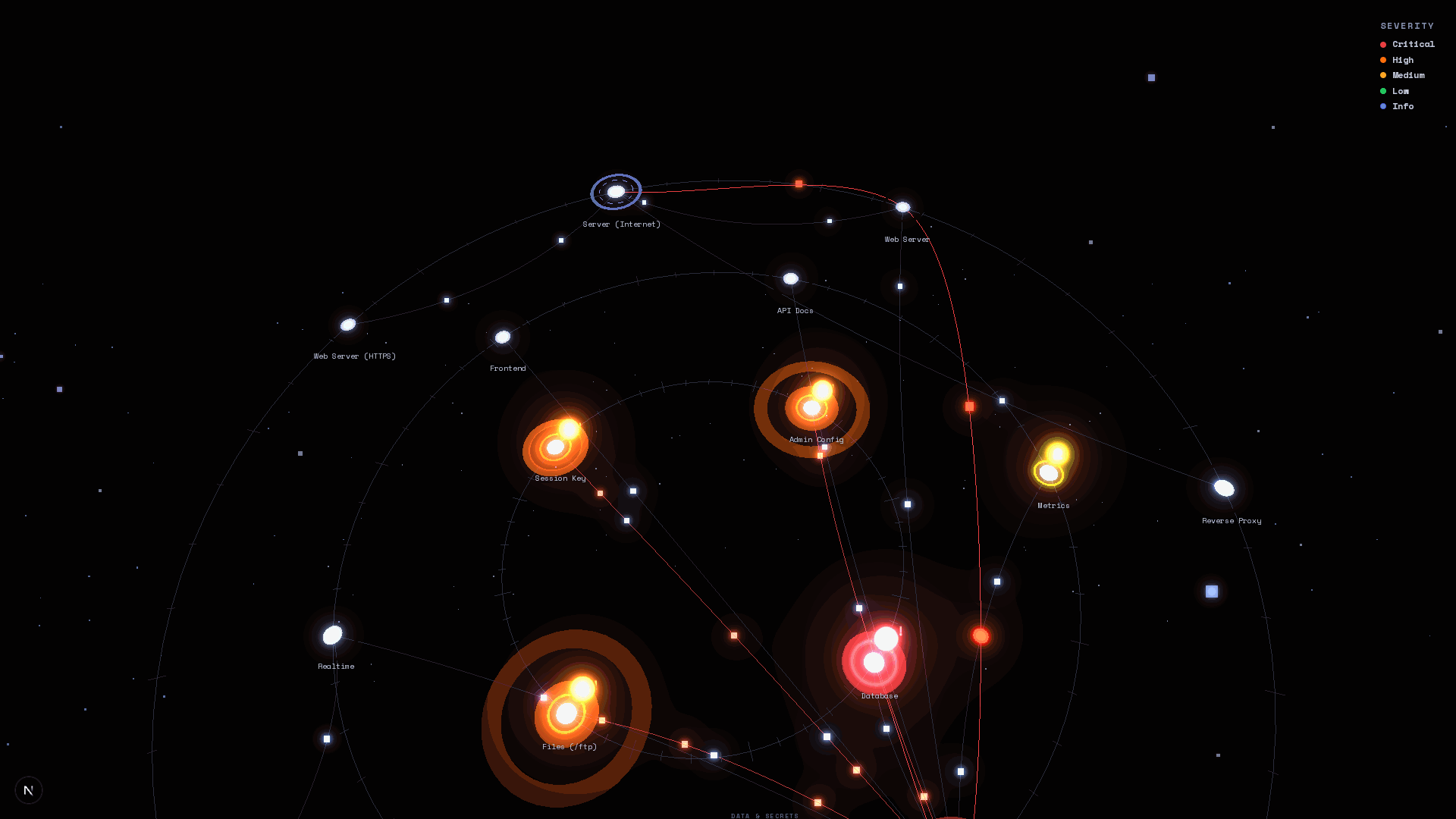 The DarkMoon infrastructure graph: an orbital map with exposure rings, per-asset vulnerability badges, and an animated red MITRE attack path from the internet-facing entry to the database, with a guided step-by-step narration.